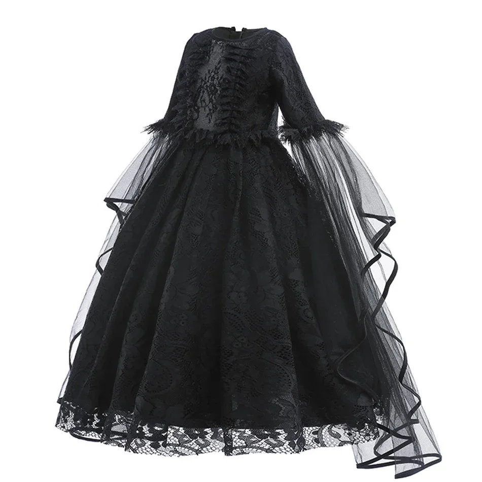 Girls Black Gothic Lace Long Dress Kids Long Sleeve Witch Vampire Costume for Halloween Cosplay Theme Party image 3