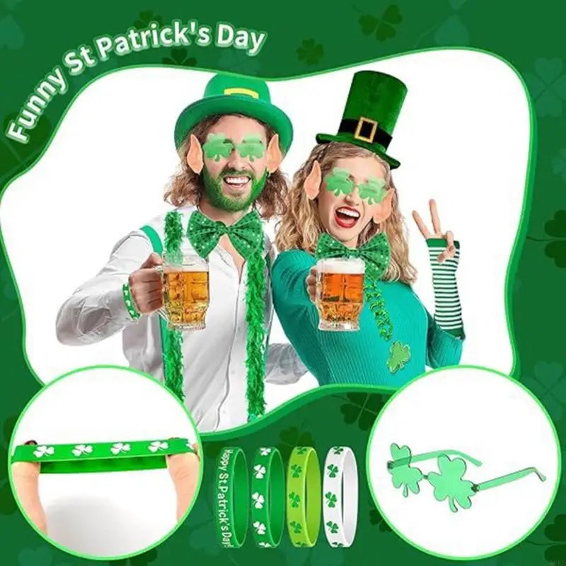 A0KD عيد القديس باتريك الرجال النساء ازياء اكسسوارات أطقم الأخضر شامروك تنورة أفضل قبعة جوارب مجموعة لمهرجان التصوير #5