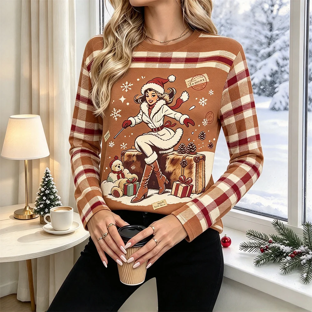 Ladies Christmas Long Sleeve T Shirt Splice Retro Xmas Character Print Soft Comfortable Tops Autumn Winter Daily Women's T-shirt