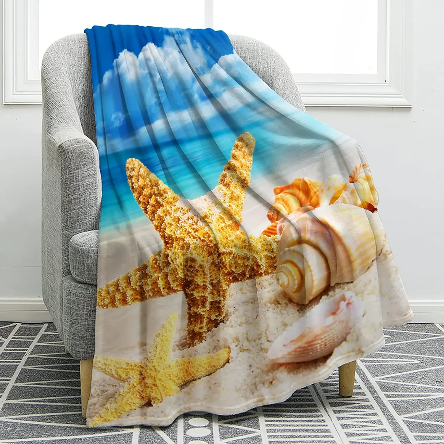 Starfish Beach Sea Flannel Throw Blanket Sea Animals Blanket King Queen Size for Bed Sofa Couch Lightweight Warm Super Soft