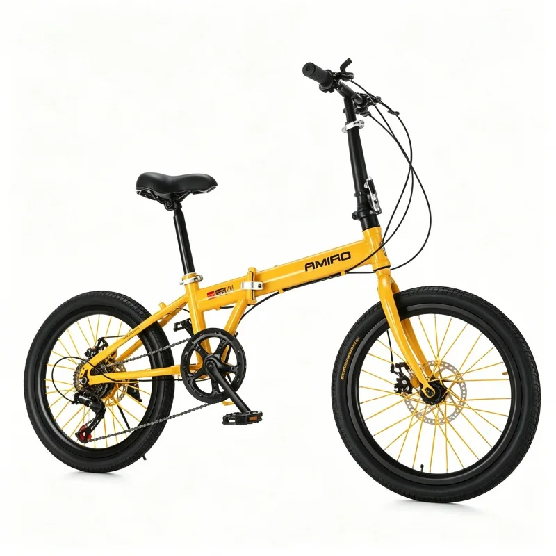 20 Inch Yellow Spoke Wheel Folding Bicycle Ultra-Light Portable Student Commuter Bike with Disc Brake Variable Speed