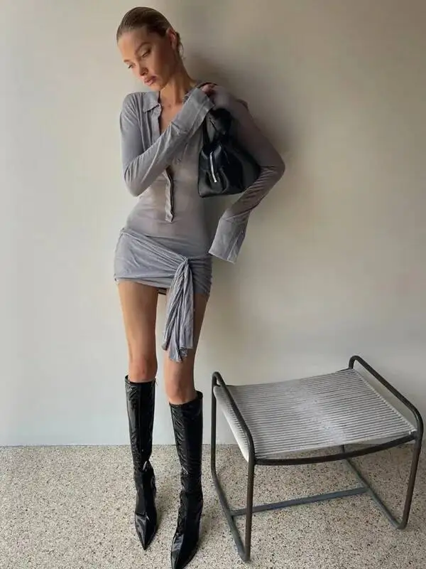 فستان قصير بياقة مقلوبة وأكمام طويلة وأشرطة متينة Y2K فستان ضيق غير رسمي أنيق للخريف ملابس نسائية للحفلات MI8R #3