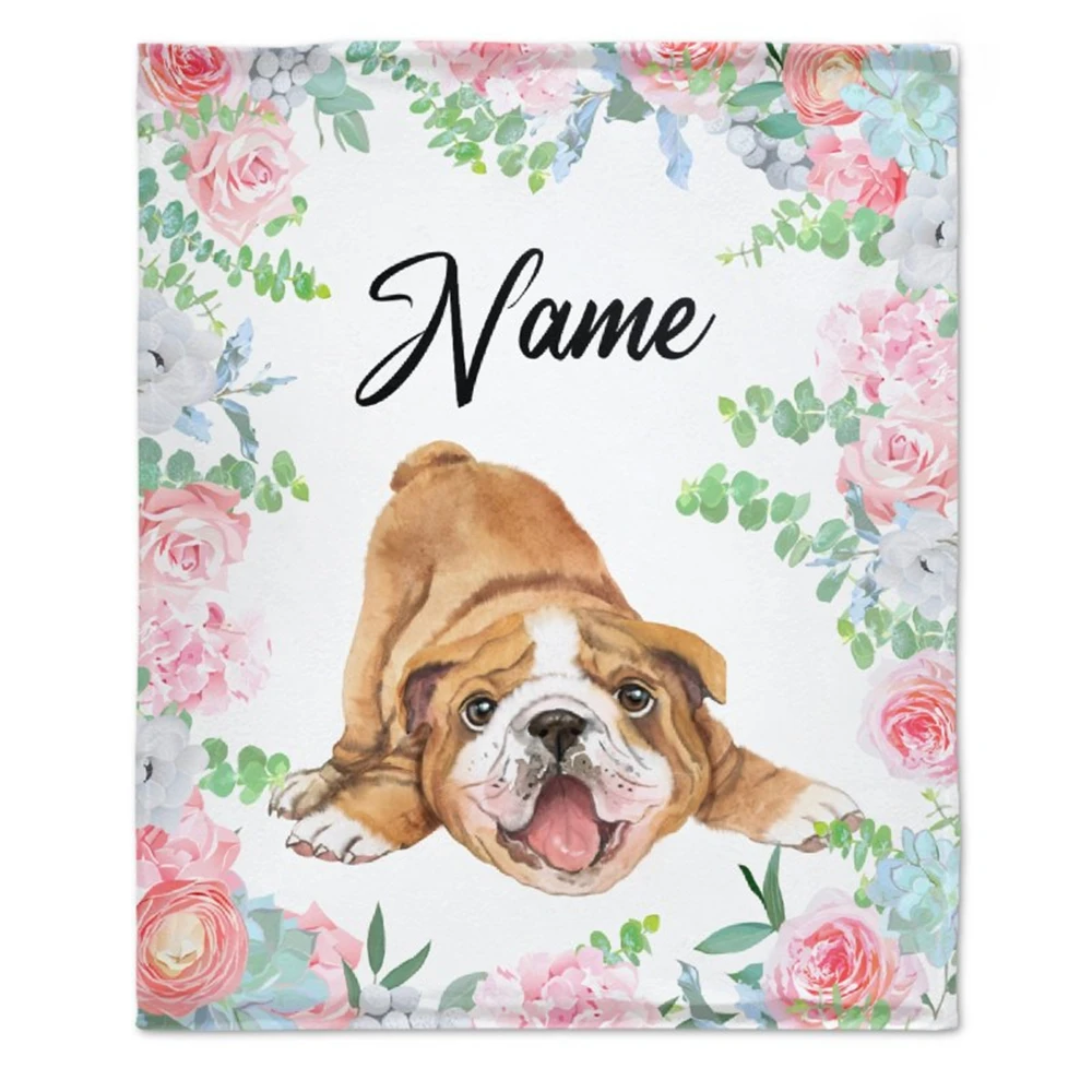 HX Baby Blanket DIY Name Funny Cute Bulldog Floral Rose 3D Printed Plush Quilts Flannel Throw Blankets for Bed 130x150cm