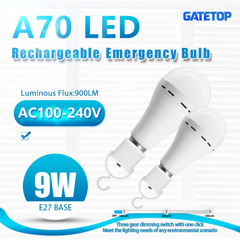 

1-10PCS A70 E27 9W LED Rechargeable Bulb Light Emergency Bulb 220V 110V for Home Power Outdoor Camping Failure Porch Garden Lamp