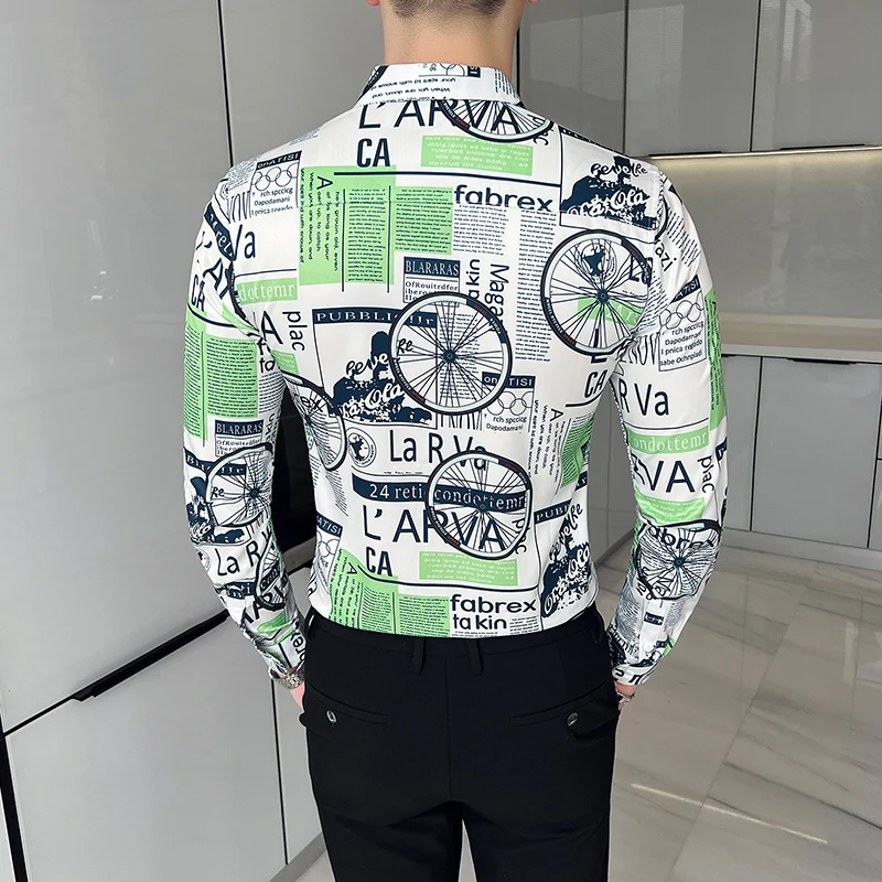 British Style Slim Fit Social Mens Shirts Fashion Digital Printing Long Sleeved Dress Blouse Men Luxury Brand Camisas Masculinas