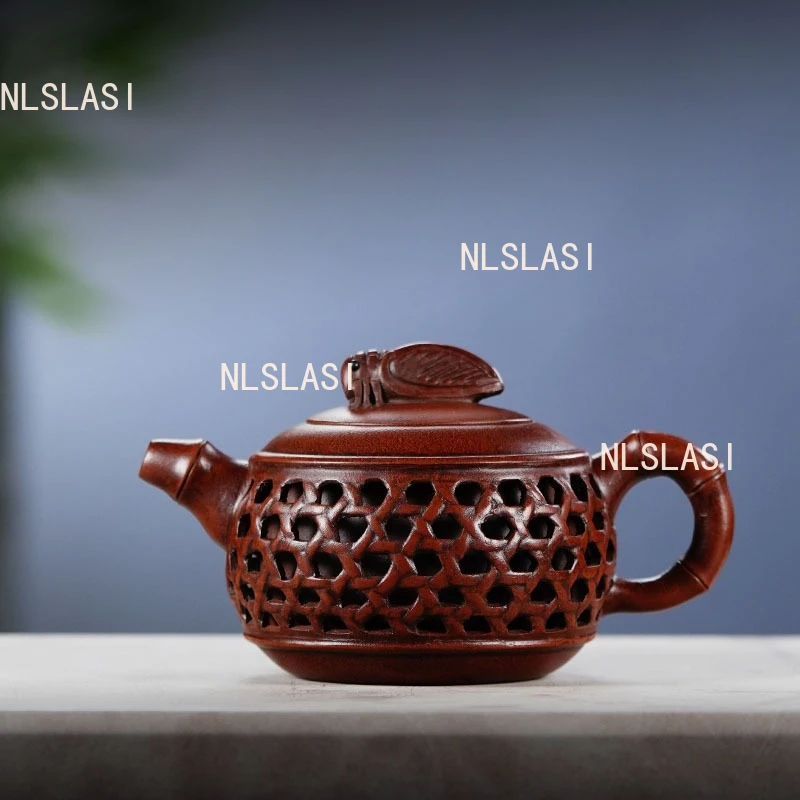 280ml Purple Clay Hollowed Out Teapot Bamboo Woven Tea Pot Chinese Cicada Chirping Antique Teapot Household Yixing Teapot