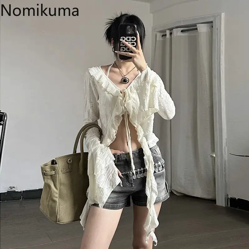 2024 Blusas Mujer De Moda Flare Sleeve Tunic Blouses for Women V-neck Bandage Flare Sleeve Shirts Hole Fashion Y2k Crop Tops