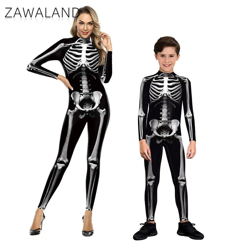 ZAWALAND-Disfraz de Zentai con estampado de esqueleto 3D, traje a juego para Halloween, Catsuit de LICRA Sexy para padres e hijos