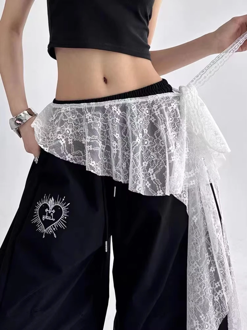 Jeans Pants Decor Embroidered Flower Lace Mini Skirt Irregular See Through Ruched Skirts High Waist Harajuku Pleated Skirts