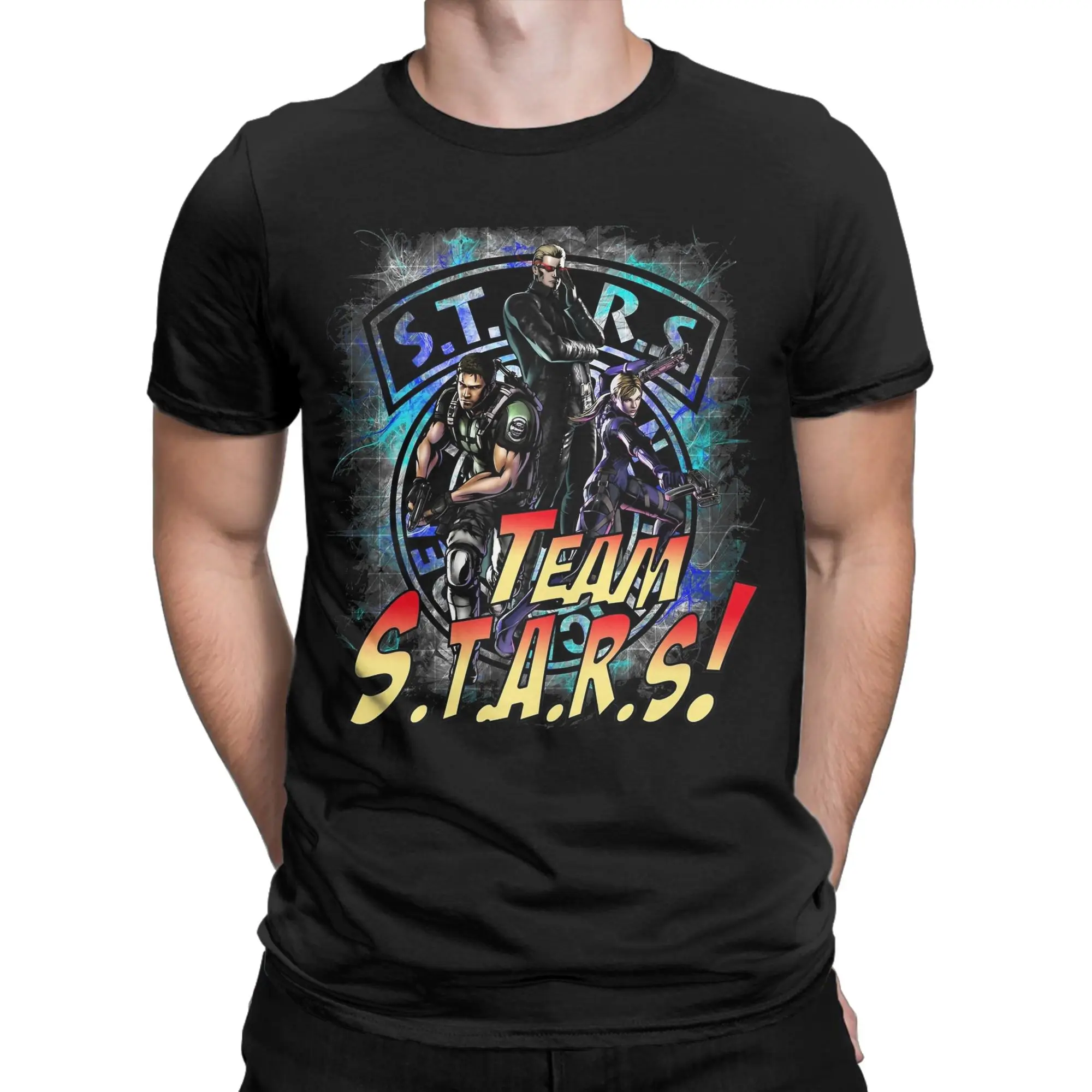 Vintage TEAM STARS! Albert Wesker T-Shirt for Men Round Collar 100% Cotton T Shirt  Short Sleeve Tees Graphic Printed Tops