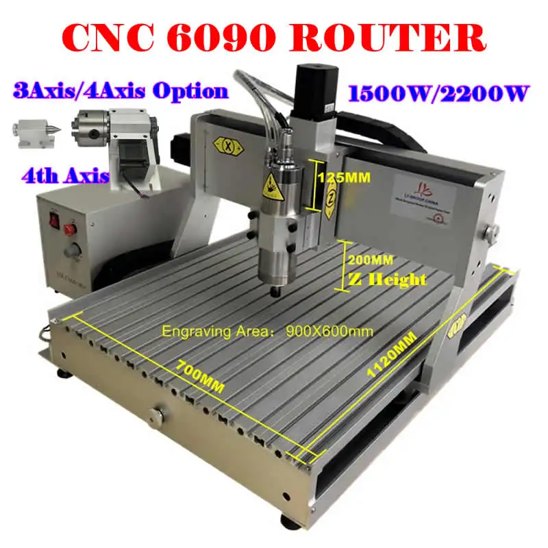 LY 6090 4axis  CNC Router 1500W 2200W USB Wood 3D Engraving Milling Machine PCB Cutting 200mm Z axis Height Kit