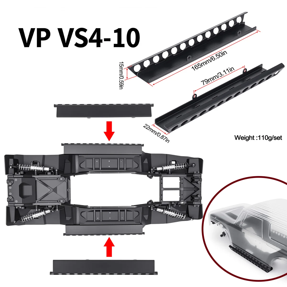 Stainless Left & Right Side Pedal for 1/10 Vanquish VS4-10 – Rock Slider Step for VS4 PRO Crawler Upgrades