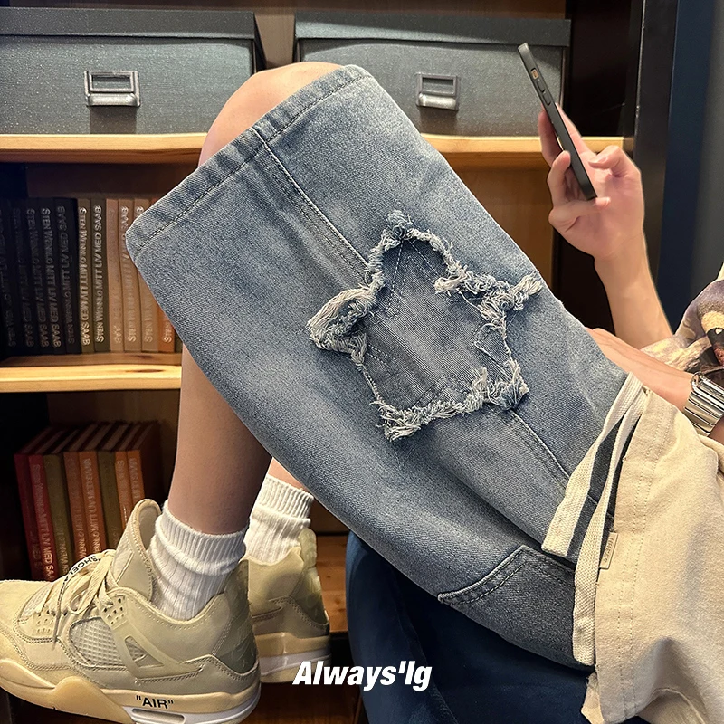 Patchwork Star Pattern Denim Shorts Men Straight Loose Sports Casual Baggy Pants Male Short Jeans Mens Vintage Knee Length Pants