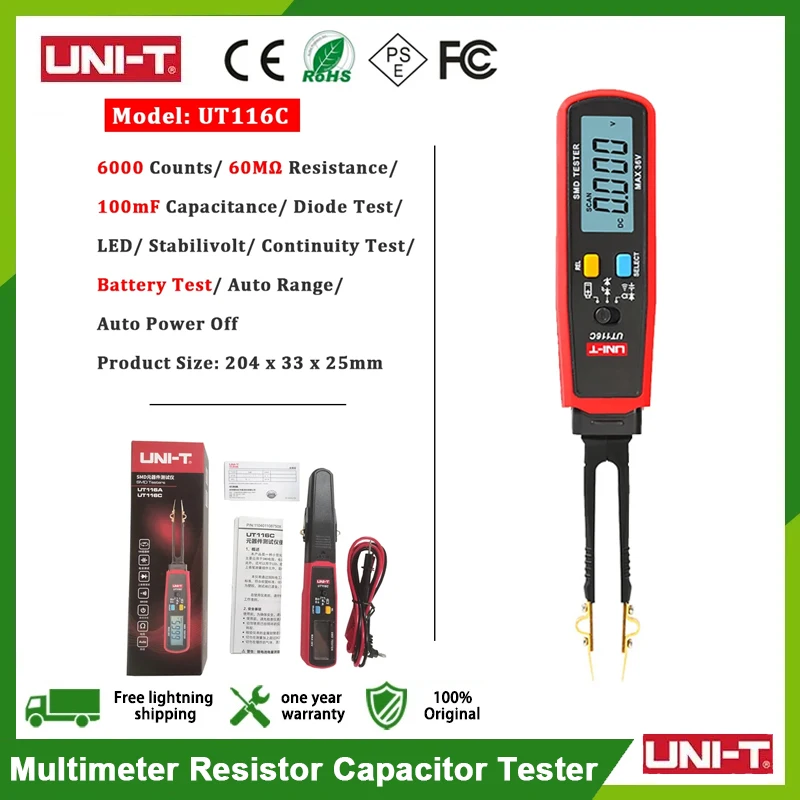 UNI-T UT116C SMD Tester 36V Voltage Battery Measurement Rotable Tweezer LED Diode Multimeter Resistor Capacitor Tester