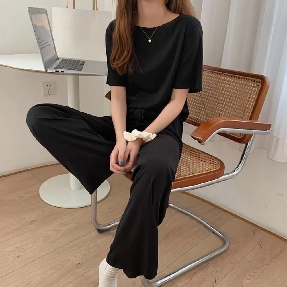 Women Summer Pajamas Stylish Women's Summer Sleepwear Set 2-piece Ice Silk Pajamas with Round Neck T-shirt Wide Leg for Wear