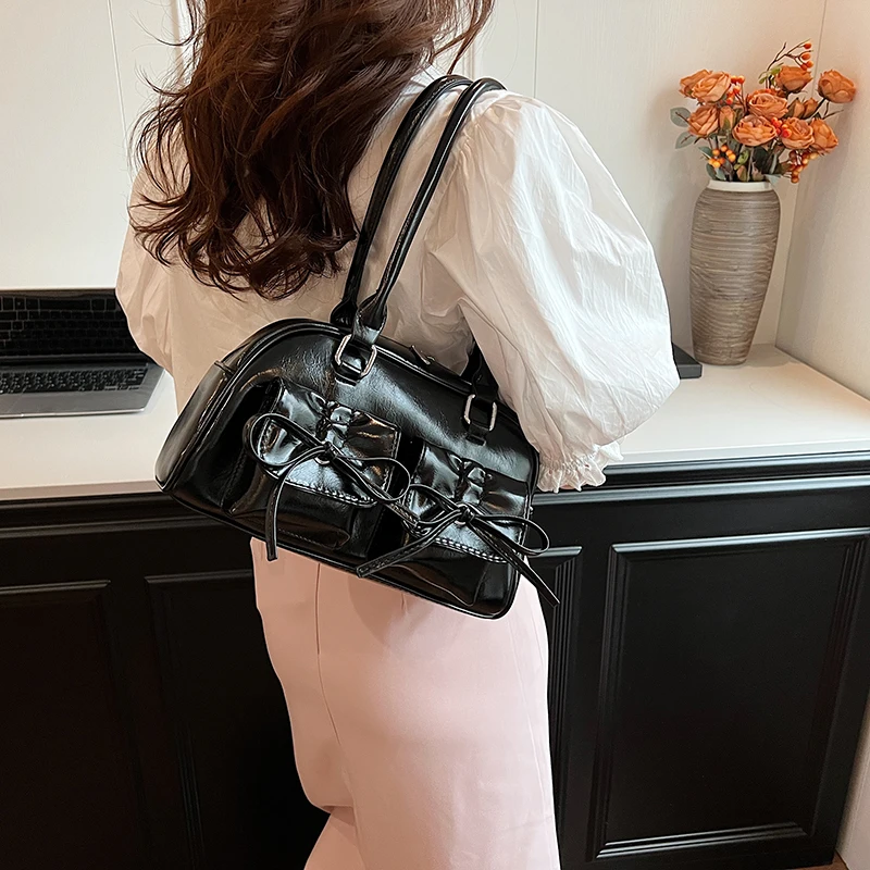 LEFTSIDE Small Double Pockets Bow Design Silver Shoulder Bags For Women 2024 Y2K Fashion Trend Underarm Bag Females Handbags