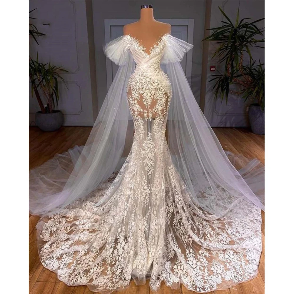 

Gorgeous Lace Mermaid Wedding Dresses 2024 Luxury Pearls Beading Bridal Gowns with Cape Arabic Beach Wedding Dress Custom Made