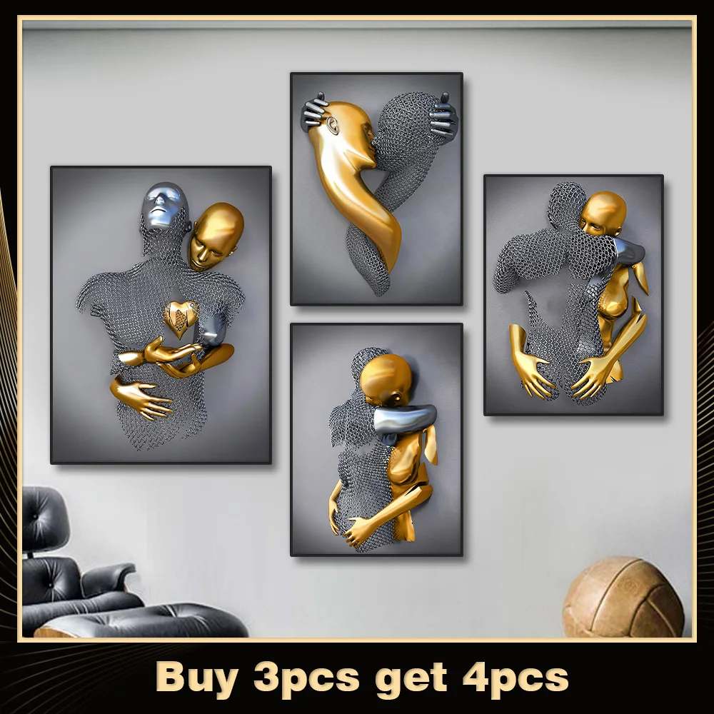 Modern Gold Silver Figure Sculpture Canvas Painting Abstract Lovers Artwork Poster Print Pictures for Living Room Interior Decor