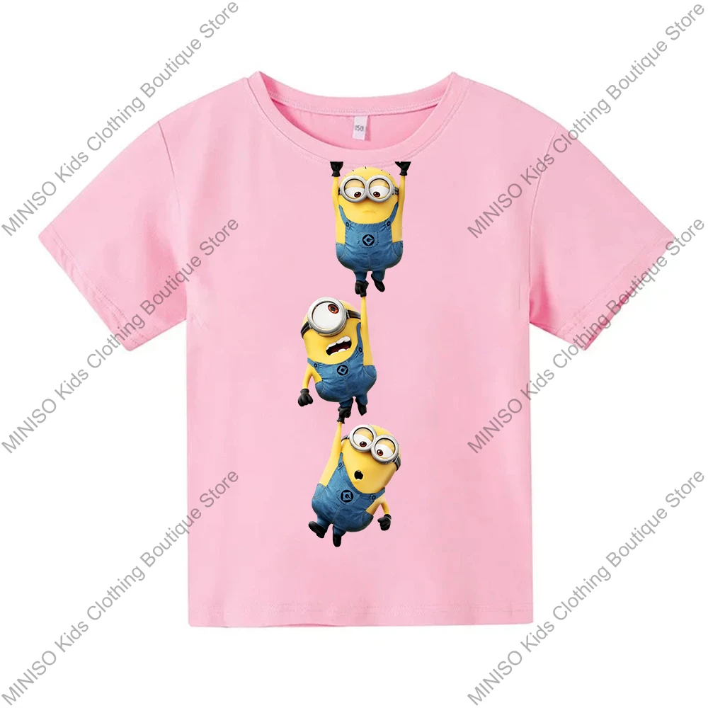 MINISO 100% Cotton T-Shirt Anime Cartoon Funny Minion Print Fashion Casual Streetwear Oversized Tshirt Kids Adults Tops Clothing