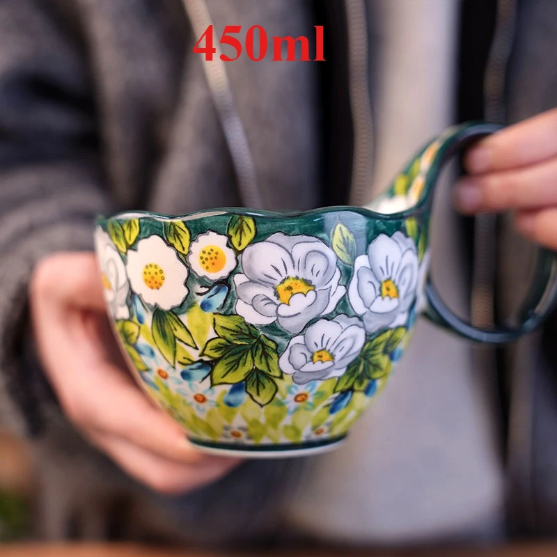 Jasmine Underglaze Ceramic Mug with Spoon,Large Handle Coffee Mugs, Large Capacity Breakfast Milk Cups, Birthday Gift Tea Cup
