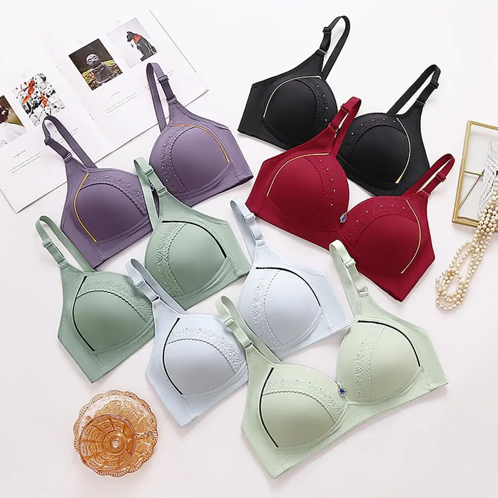 Molded Cup Push-up Bra Elegant Rhinestone Decor Mid-aged Mother Bra with Wide Shoulder Strap for Comfortable Breast Support