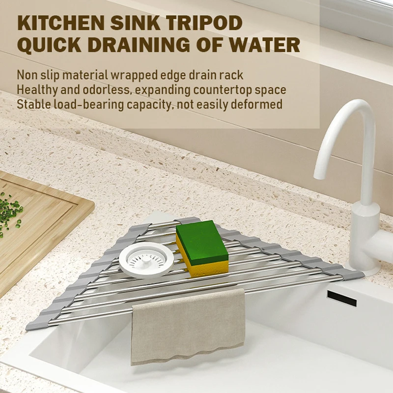 Triangular Dish Rack Of Being Rolled Up Kitchen Sink Sponge Rag Rack In Upper Corner Of Sink Foldable Stainless Steel Drainer.​