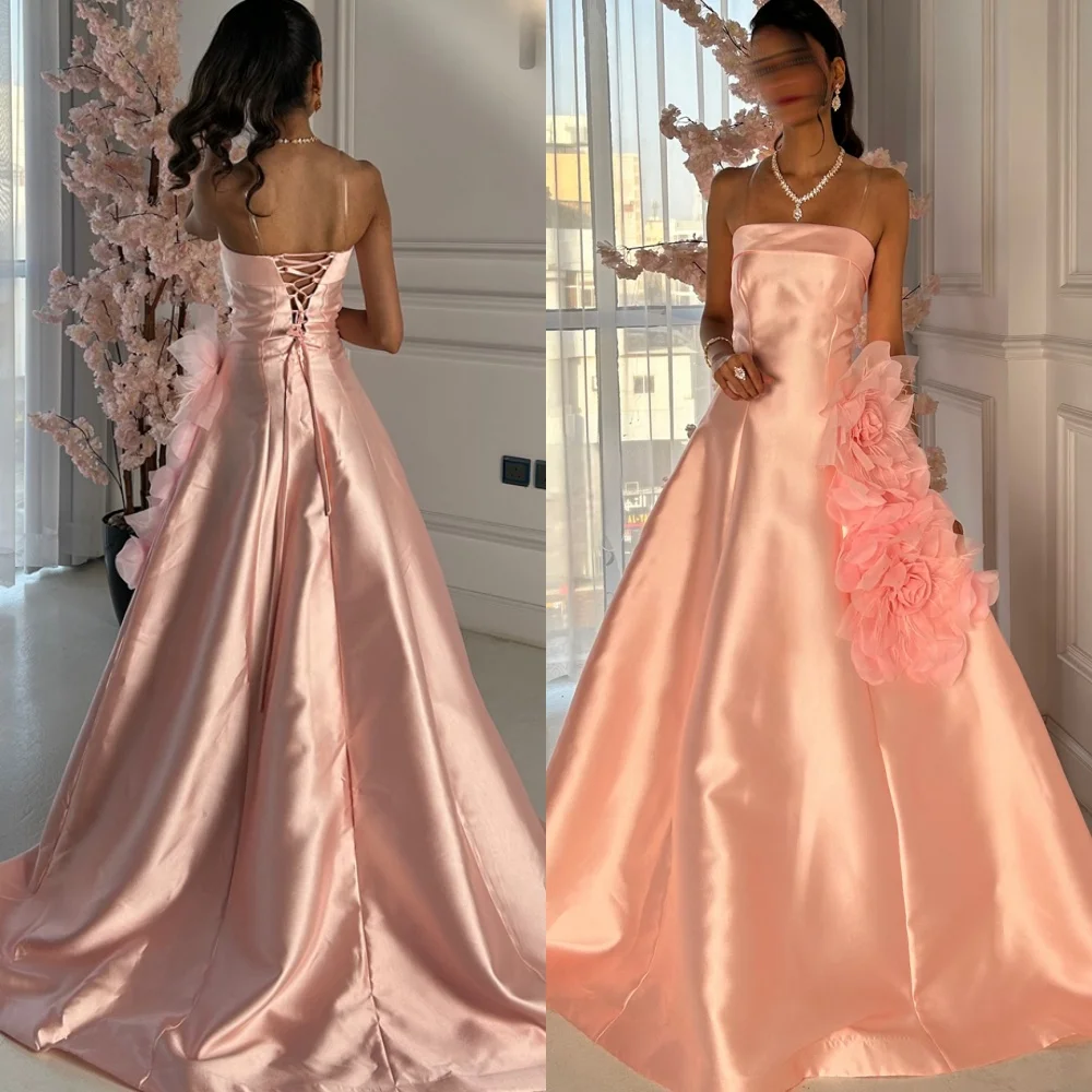 

Customized Sparkly Pink Satin Celebrity Gowns Classic Strapless Sleeveless Homecoming Dresses Lace Up Back Vestido De Festa