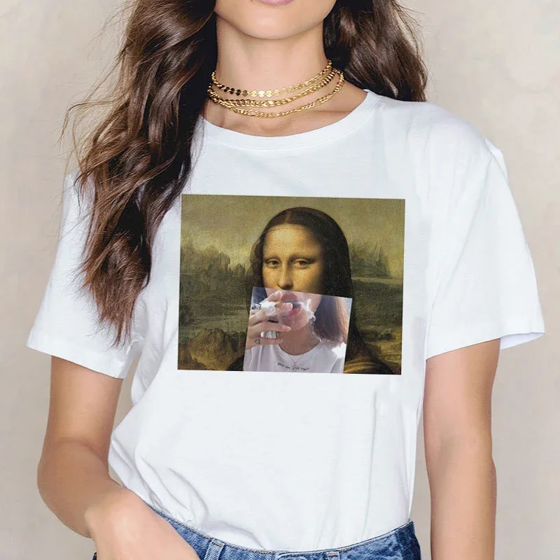 Mona Lisa Drinking Beverages Printed Tshirt Summer Breathable Casual T Short Sleeves Streetwear T-shirt Fashion Women Clothes
