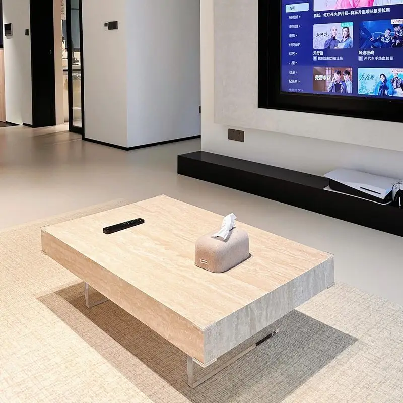 Modern travertine rock slab coffee table, simple acrylic suspension table, rectangular tea table