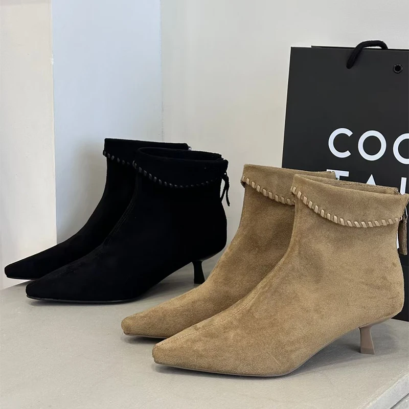 

Женские короткие ботинки на высоком каблуке, туфли с острым носком, зима 2024, элегантные модельные туфли, замшевые ботинки челси, новые туфли-лодочки, зимние Botas Mujer