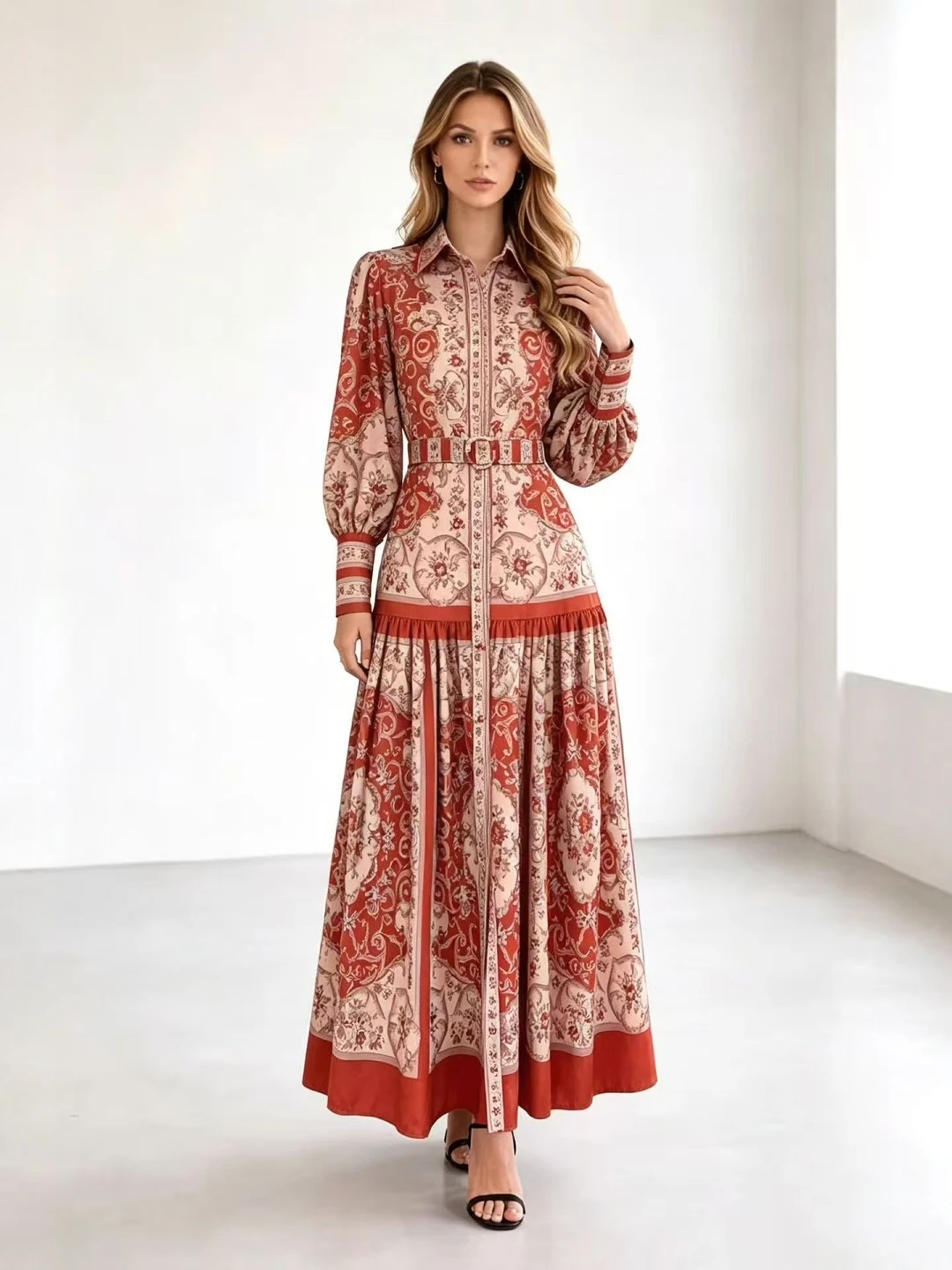 Retro Print Lantern Sleeve Long Dress Women's Waist Cinching Slimming Maxi Skirt National Style Court Fashion LQ980