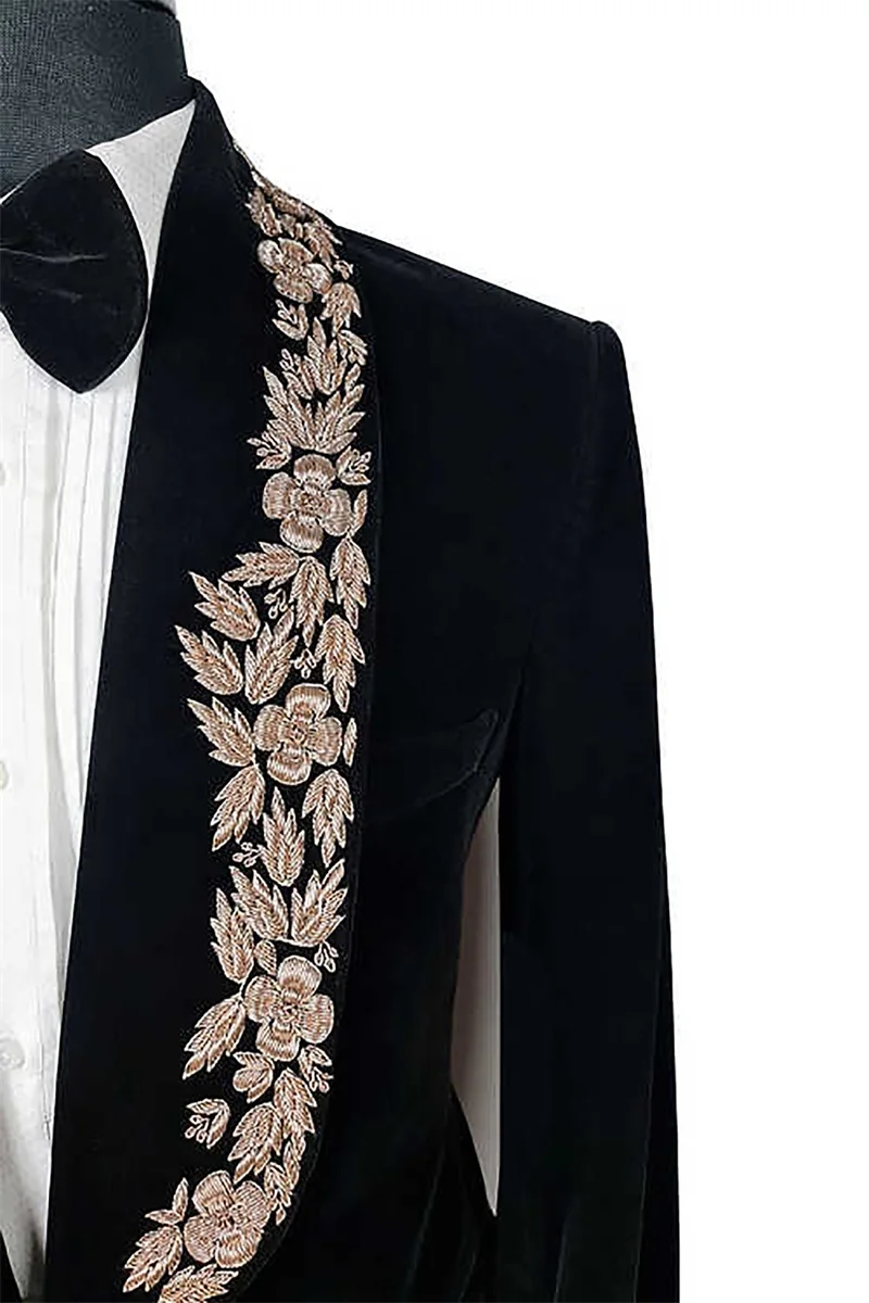 Costume Blazer en velours pour hommes, 1 pièce, veste de soirée noire avec appliques dorées, smoking de mariage sur mesure, costume formel à large revers