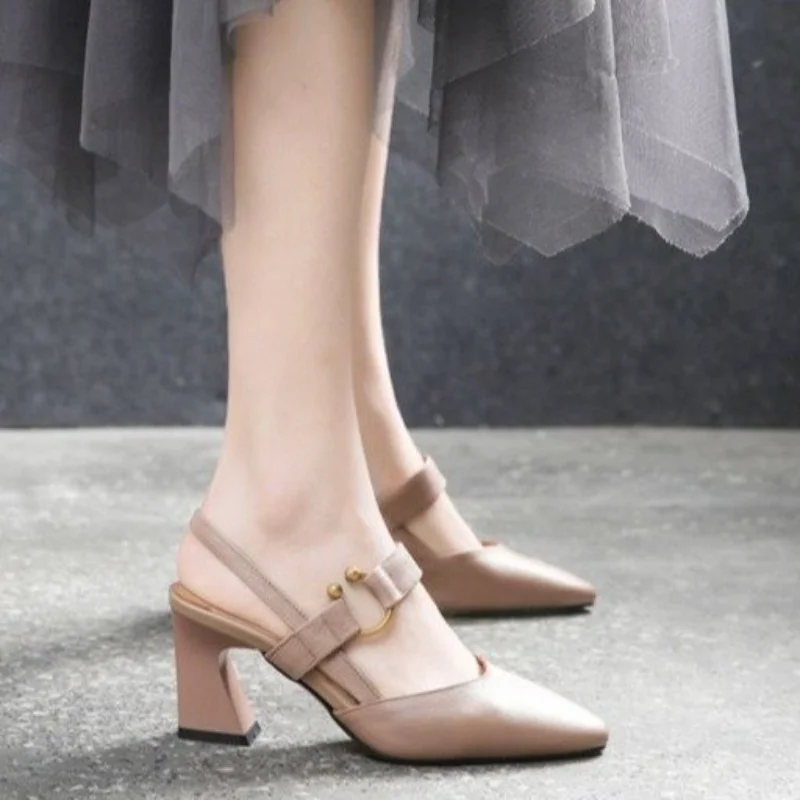 

Women Leather High-heeled Sandals Summer New Women Fashionable and Elegant Off White Toe Back Luxury High Heeled Sandals 2025