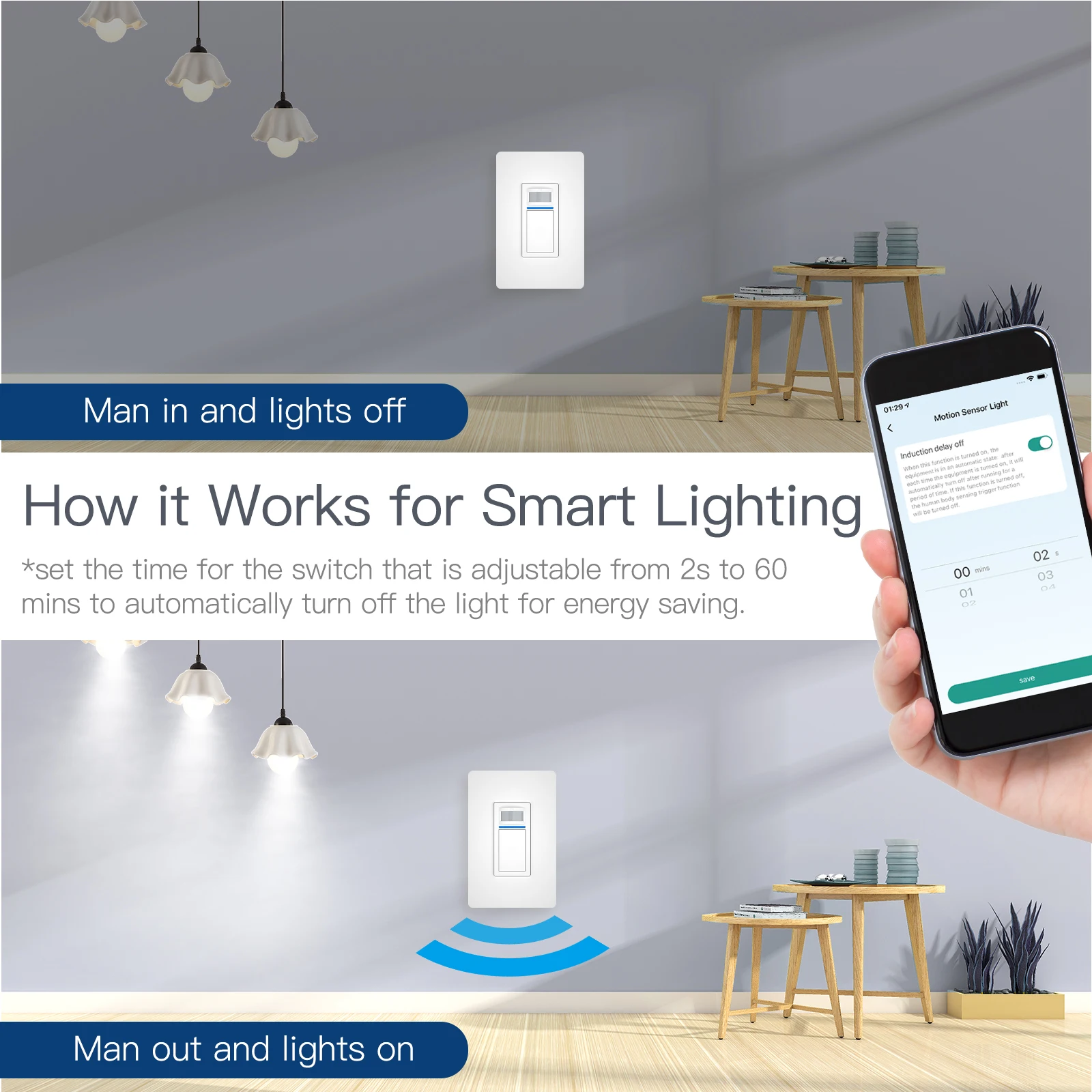 Moes Tuya Smart Motion Sensor Light Switch WiFi PIR Infrared Wall Switch Neutral Wire APP Control Alexa Google Home Assistant