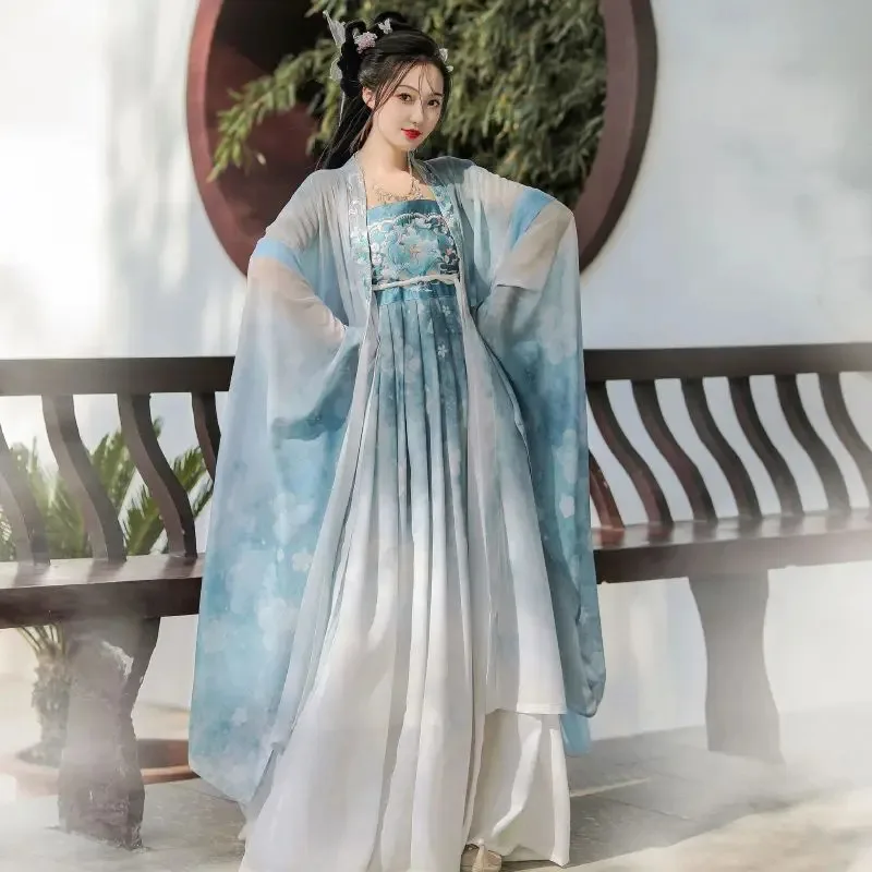 خمر Hanfu المرأة الصينية التقليدية مرحلة فستان رقص الإناث الجنية تأثيري حلي Hanfu مجموعة الأزرق أنيقة الأميرة وتتسابق