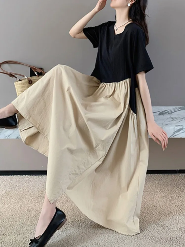 Falso de dos piezas de talla grande de verano Irregular camiseta vestido de mujer empalmado vestido largo de mujer moda Casual Vestidos de mujer