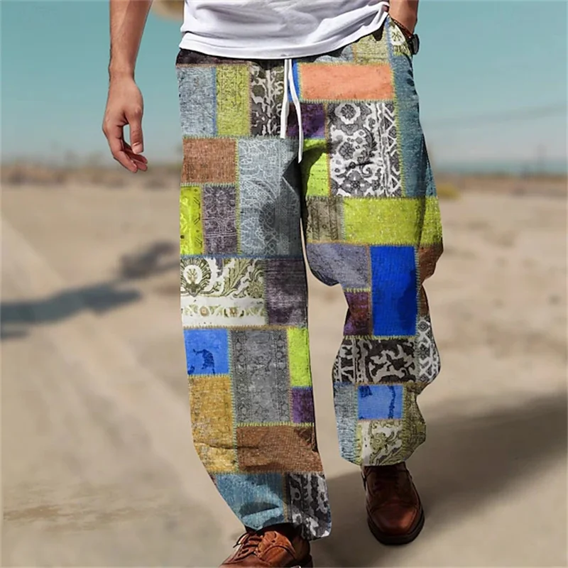 New casual men's fashionable straight leg pants with 3D color blocking printing and retro style outdoor street comfortable pants