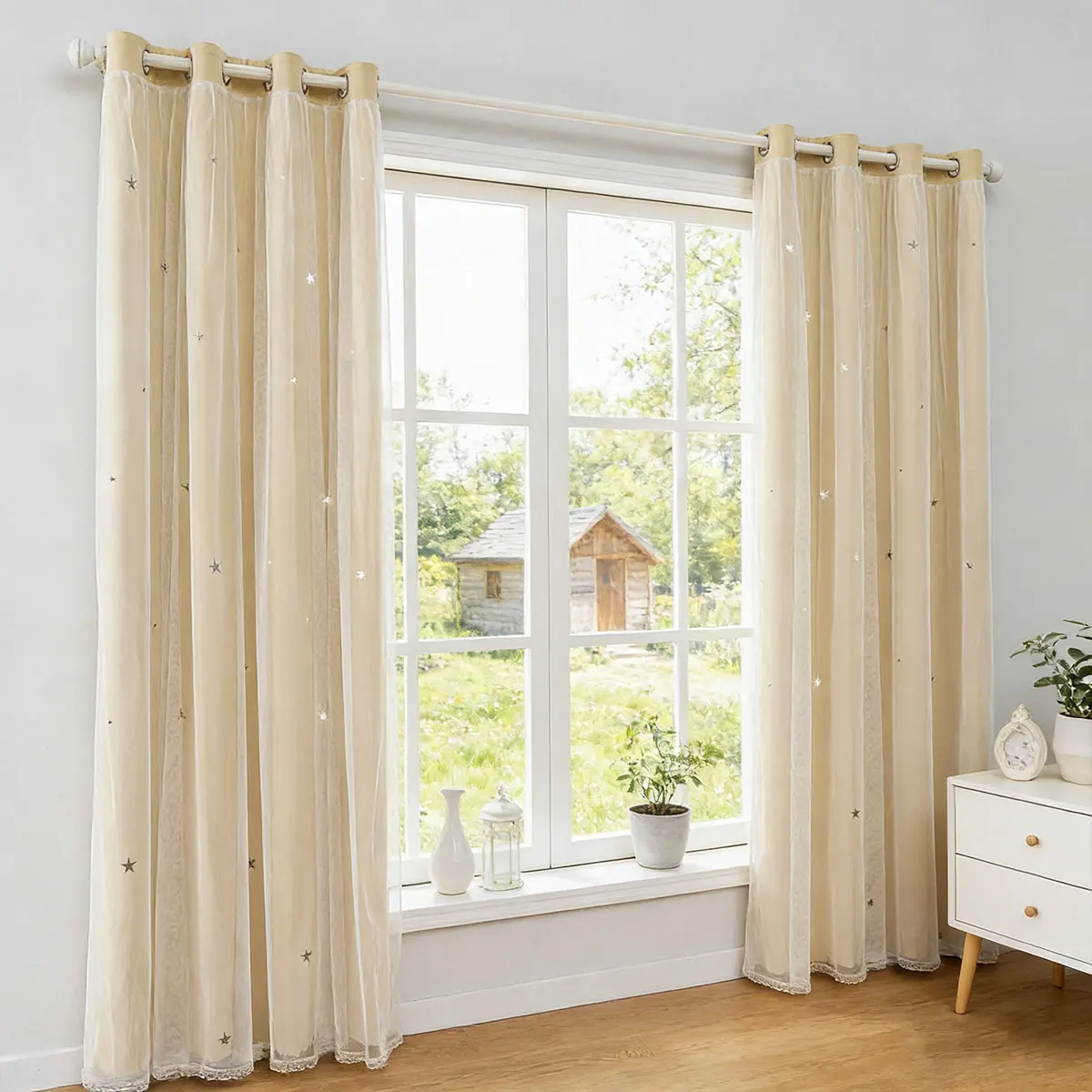 Beige Star Double Layer Grommet Curtain, Hollow Blackout Sheer Drape for Universal Cream Bedroom Balcony Decor