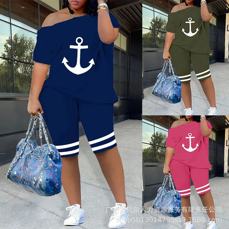 

Short Pant Set Women Short Sets Two Piece Sets Casual Loose Off Shoulder Half Sleeve Tops Print High Elastic Waist Shorts Pants