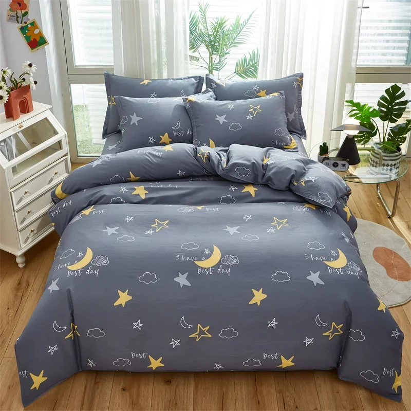 Moon Star Print Duvet Cover Modern Style Cotton Comforter Covers Soft Chic Clouds Pattern Reversible Grey Bedding Sets for Kids