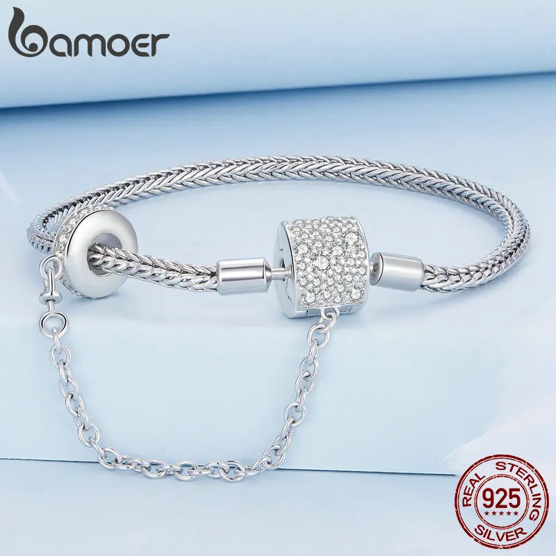 Bamoer Authentic 925 Sterling Silver Basic Charm Bracelet with Safty Chain Women Beads and Pendant DIY Bracelet BSB103