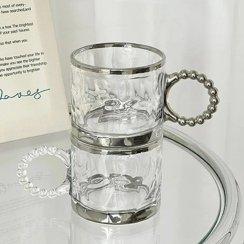 Personalized Silver Beaded Mug Large Ears Silver Mugs Iced American Latte Coffee Glasses Cups High-end Glass Water Cup Home Tool