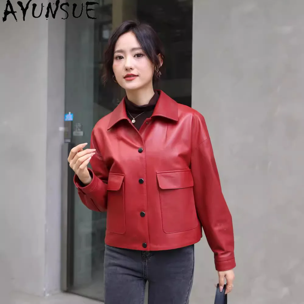 AYUNSUE Giacca in vera pelle da donna 2025 Cappotto in vera pelle di pecora Cappotto casual Loose Fit Primavera Autunno Vestiti Jaqueta De Couro