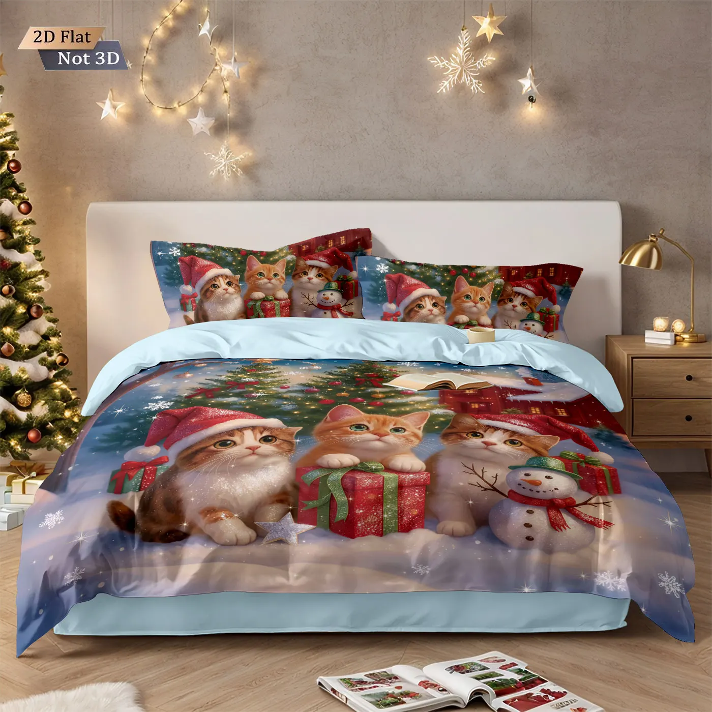 

3pcs Merry Christmas Kitten Print Coreless Bedding Set Multiple Sizes Comfortable Bedrooms Bedding Decoration Machine Washable
