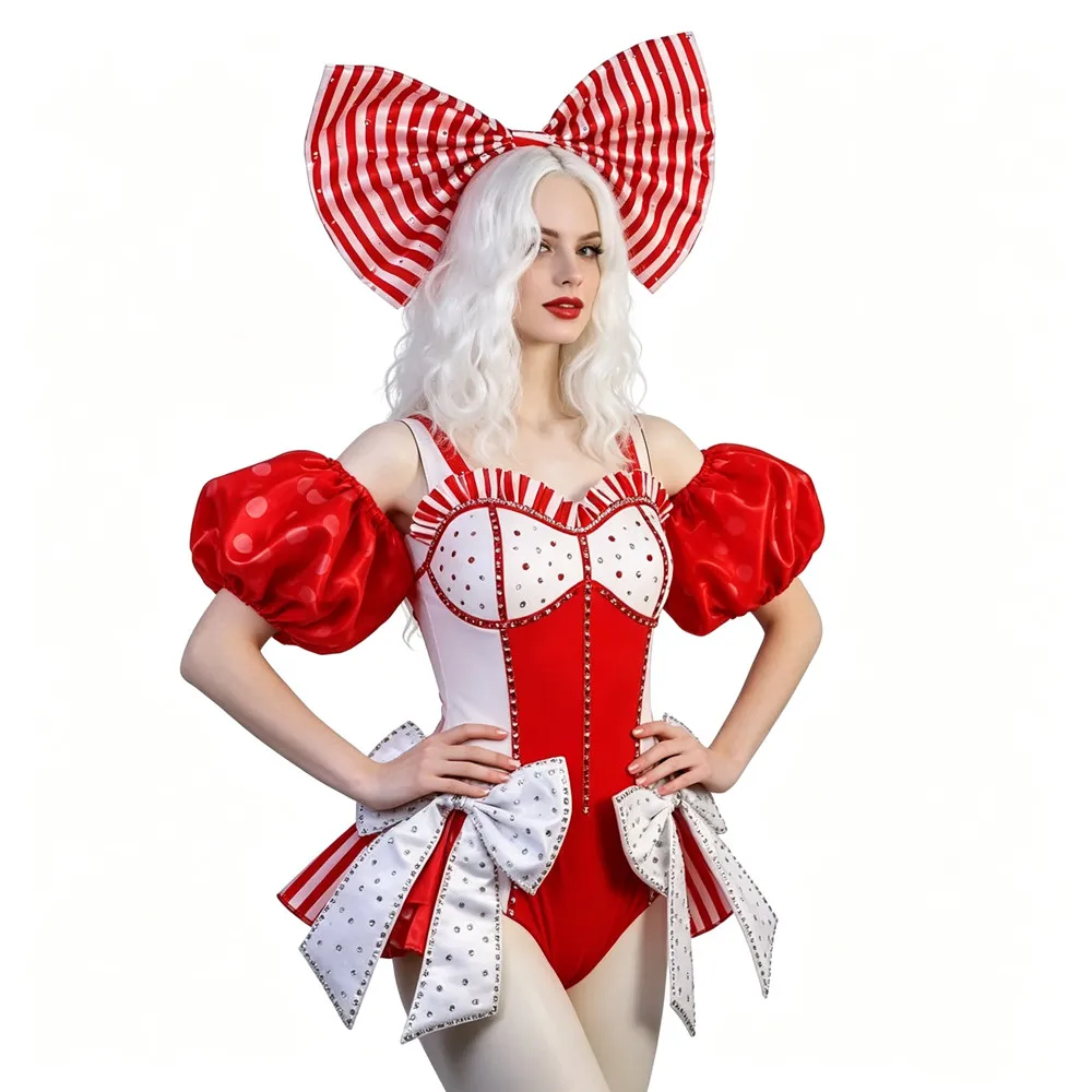 Weihnachtsfeier Rot-Weißer Schleifen-Strass-Bodysuit für Damen, Candy-Streifen-Kopfbedeckung, Kostüm für Nachtclub-Tänzer-Team-Auftritte