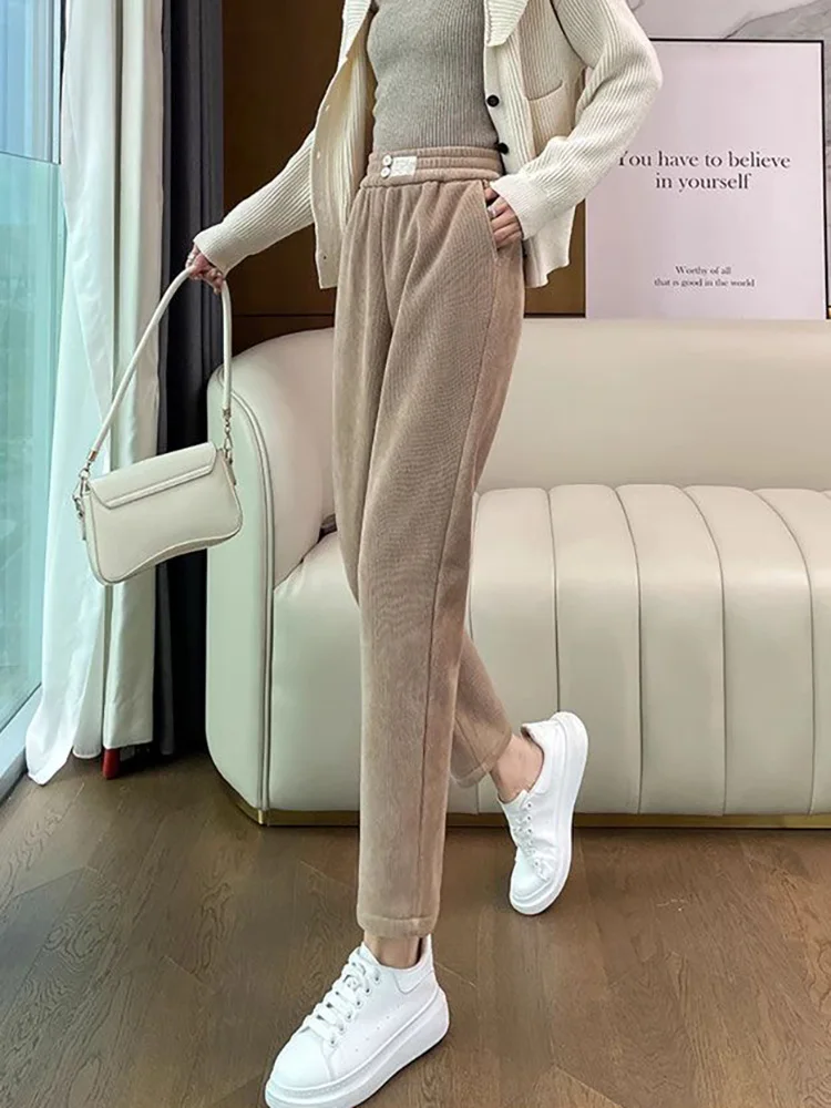 المرأة عادية مطاطا سراويلي حريمي سميكة المخملية سروال قصير بنطلونات فضفاض مستقيم عالية الخصر موضة بنطلون Hosen #6