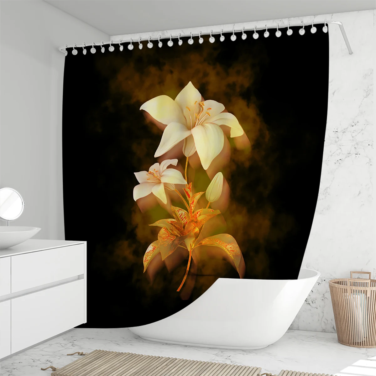 Golden Lily Shower Curtain Set Cute Shower Curtain Bathroom Decoration with Plastic Hook Suitable for Home Hotel Machine Wash