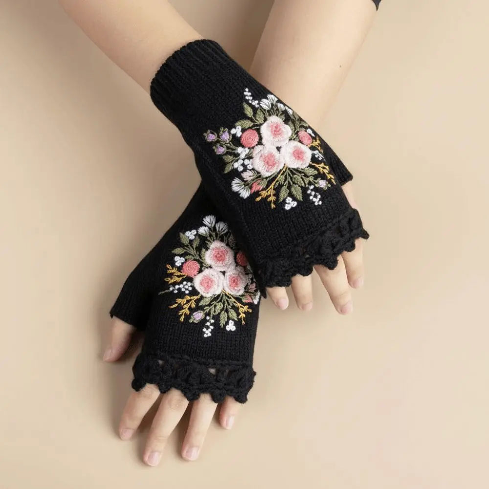 Vintage Embroidery Knitted Gloves Embroidered Floral Thick Winter Wool Gloves Half Finger Korean Style Crochet Flower Mittens