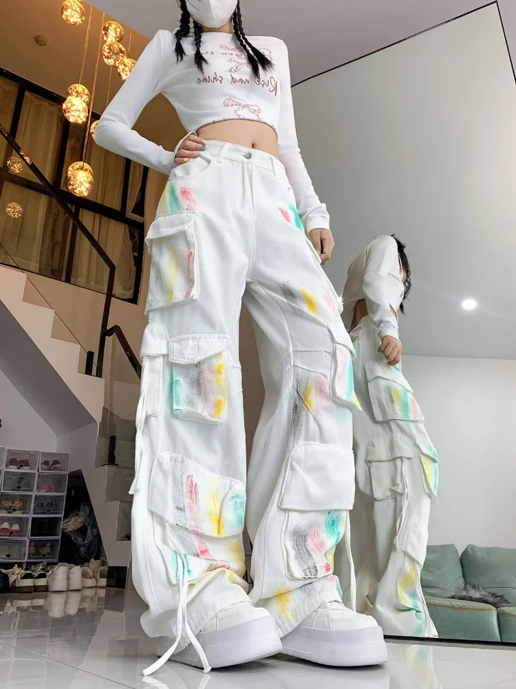 ADAgirl White Retro Painted Cargo Denim Pants Women Hip Hop Y2k Causal Loose Pockets Wide Leg Jeans Harajuku Chic Mujer Bottoms