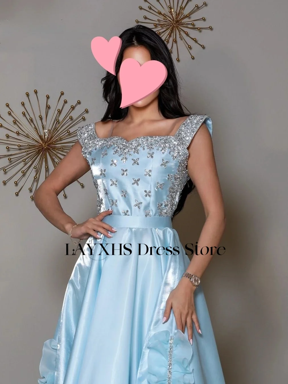 Suknie wieczorowe LAYXHS Luxury z kwadratowym dekoltem, linia A, błyszczące koraliki, odkryte plecy, falbany, suknie balowe na zamówienie فساتين سهرة